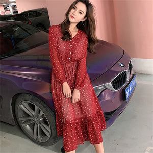 Women Print Chiffon Dress Casual Female Elastic Wasit Keen Length Dress Vintage Ruffles Long Sleeve Chic Button Ladies Dress