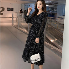 Load image into Gallery viewer, Women Print Chiffon Dress Casual Female Elastic Wasit Keen Length Dress Vintage Ruffles Long Sleeve Chic Button Ladies Dress