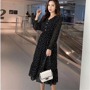 Women Print Chiffon Dress Casual Female Elastic Wasit Keen Length Dress Vintage Ruffles Long Sleeve Chic Button Ladies Dress