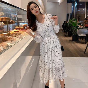 Women Print Chiffon Dress Casual Female Elastic Wasit Keen Length Dress Vintage Ruffles Long Sleeve Chic Button Ladies Dress