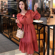 Load image into Gallery viewer, Women Print Chiffon Dress Casual Female Elastic Wasit Keen Length Dress Vintage Ruffles Long Sleeve Chic Button Ladies Dress