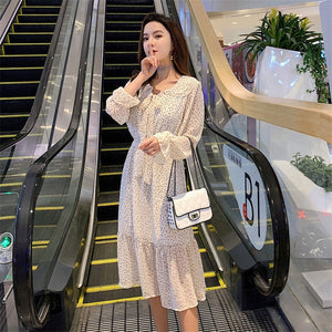 Women Print Chiffon Dress Casual Female Elastic Wasit Keen Length Dress Vintage Ruffles Long Sleeve Chic Button Ladies Dress