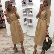 Load image into Gallery viewer, 2019 Women Casual Sashes Button A-Line Dress Stand Collar Seven Sleeve Elegant Party Dresses Office Lady Women Knee Length Dress