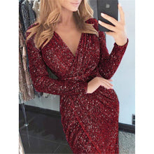 Load image into Gallery viewer, Hot Sale Women Sequin V Neck Wrap Dress 2019 New Long Sleeve Asymmetry Dresses Ladies Bodycon Evening Party Dress Female Vestido