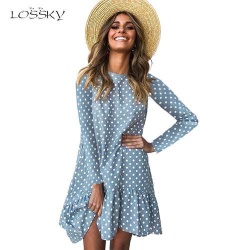 Lossky Women Autumn Dress Fashion Polka Dot Print Ladies Casual Clothing Long Sleeve Sundress Mini Short Loose Yellow Dress 2019