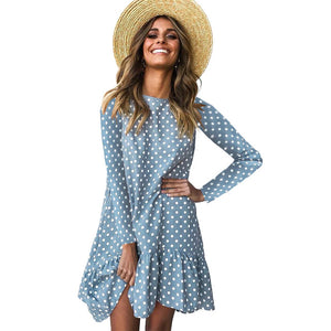 Lossky Women Autumn Dress Fashion Polka Dot Print Ladies Casual Clothing Long Sleeve Sundress Mini Short Loose Yellow Dress 2019