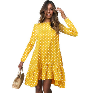 Lossky Women Autumn Dress Fashion Polka Dot Print Ladies Casual Clothing Long Sleeve Sundress Mini Short Loose Yellow Dress 2019