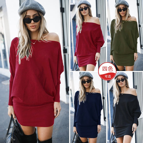 Fashion Slash Neck Long Sleeve Mini Dress For Lady Autumn Winter Dress 2019 Female Solid Off Shoulder Slim Dresses New Cotton Se