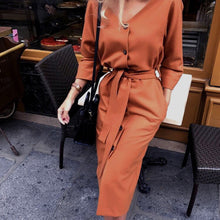 Load image into Gallery viewer, Sexy V Neck Autumn Long Sleeve women dress ladies sashes button casual office dress 2019 new fashion women midi dress vintage