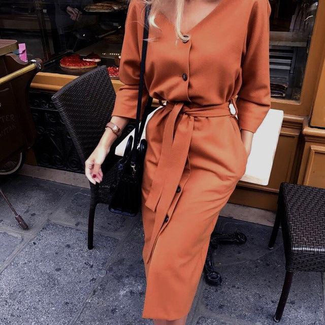 Sexy V Neck Autumn Long Sleeve women dress ladies sashes button casual office dress 2019 new fashion women midi dress vintage