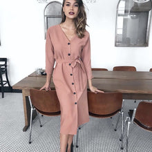 Load image into Gallery viewer, Sexy V Neck Autumn Long Sleeve women dress ladies sashes button casual office dress 2019 new fashion women midi dress vintage