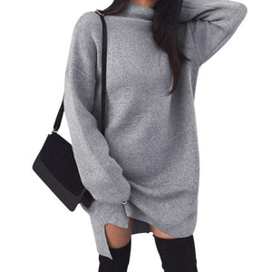 Solid Color Loose Knitted Sweater Dress Women High Neck Long Sleeve Dresses