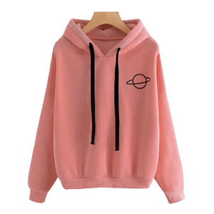 2019 Autumn Women Hoodies Casual Planet Print Solid Color Loose Drawstring Sweatshirt Fashion Long Sleeve Hooded Female Tops