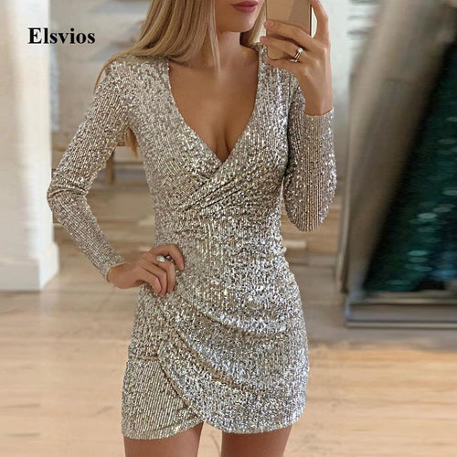 Elsvios Sexy Deep V Neck Sequin Dress Elegant Women Sliver Glitter Bodycon Party Dress Autumn Long Sleeve Nightclub Mini Dresses