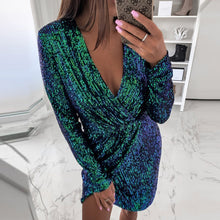 Load image into Gallery viewer, Elsvios Sexy Deep V Neck Sequin Dress Elegant Women Sliver Glitter Bodycon Party Dress Autumn Long Sleeve Nightclub Mini Dresses