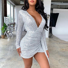 Load image into Gallery viewer, Elsvios Sexy Deep V Neck Sequin Dress Elegant Women Sliver Glitter Bodycon Party Dress Autumn Long Sleeve Nightclub Mini Dresses