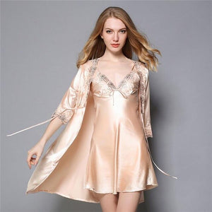 Champagne Satin Female Lingerie Twinset Rob Lace V-Neck Sleepwear Casual Flower Nightgown Soft Mini Negligee Nightdress M L XL