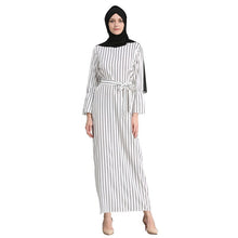 Load image into Gallery viewer, Women Muslim Maxi Fashion Dress Striped Abaya Trumpet Sleeves Autumn Dubai Long Rob Arab Islamic Clothing Dress Female Kaftan