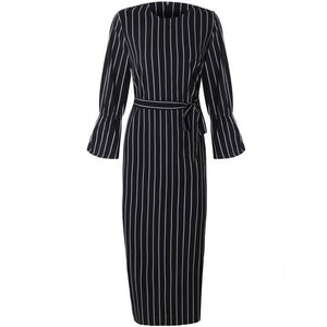 Women Muslim Maxi Fashion Dress Striped Abaya Trumpet Sleeves Autumn Dubai Long Rob Arab Islamic Clothing Dress Female Kaftan