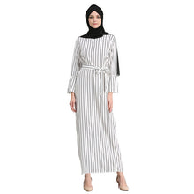 Load image into Gallery viewer, Women Muslim Maxi Fashion Dress Striped Abaya Trumpet Sleeves Autumn Dubai Long Rob Arab Islamic Clothing Dress Female Kaftan