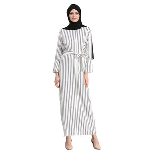 Women Muslim Maxi Fashion Dress Striped Abaya Trumpet Sleeves Autumn Dubai Long Rob Arab Islamic Clothing Dress Female Kaftan