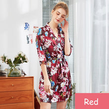 Load image into Gallery viewer, Womans Rob Set Silk Bathrobe Nightdress Robe Wedding Bride Pyjama Half Sleeve M-XXL Flower Sleepwear Female Nightwear Nightgown