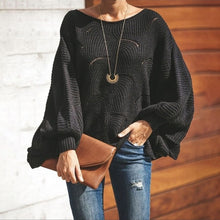 Load image into Gallery viewer, Women Loose Sweater Cloak Casual Oversized Soft Lantern Sleeve Hollow Out Pullovers Knit O Neck Wave Hem Solid Female Sweaters