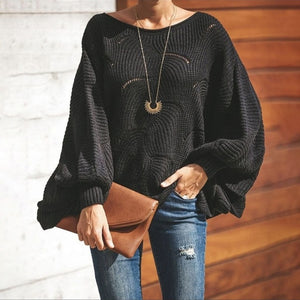 Women Loose Sweater Cloak Casual Oversized Soft Lantern Sleeve Hollow Out Pullovers Knit O Neck Wave Hem Solid Female Sweaters