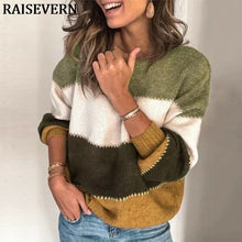 Load image into Gallery viewer, Women Sweater Pullover Round Neck Stripe Long Sleeve Sweater Top Fashion Autumn Winter Knitted Jumper Tops