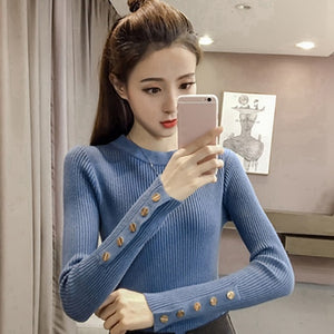 Women Knitted Sweater 2019 New Solid Knitted Female Cotton Soft Elastic Color Pullovers Button Full Sleeve Turtleneck