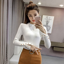 Load image into Gallery viewer, Women Knitted Sweater 2019 New Solid Knitted Female Cotton Soft Elastic Color Pullovers Button Full Sleeve Turtleneck