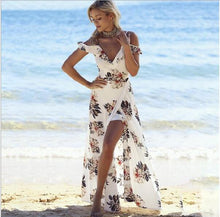 Load image into Gallery viewer, Floral print ruffles long dress Women strap v neck split beach summer Dresses Off the shoulder vestidos