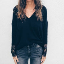 Load image into Gallery viewer, hirigin Spring Autumn Women Sexy Cuff Lace Patchwork Deep V-Neck Long Sleeve  Sweater Ladies Oversize Long Sleeve Jumper Top