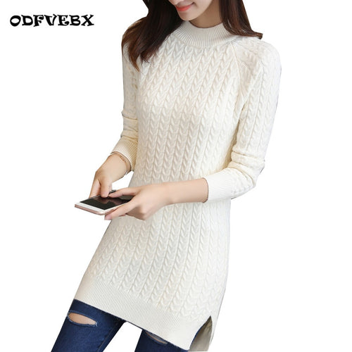 Medium long pullover sweater female spring new loose bag hip bottoming Tops ladies solid color split fork slim knit jacket women