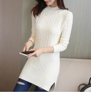 Medium long pullover sweater female spring new loose bag hip bottoming Tops ladies solid color split fork slim knit jacket women