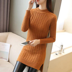 Medium long pullover sweater female spring new loose bag hip bottoming Tops ladies solid color split fork slim knit jacket women