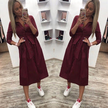 Load image into Gallery viewer, 2019 Women Casual Sashes Button A-Line Dress Stand Collar Seven Sleeve Elegant Party Dresses Office Lady Women Knee Length Dress