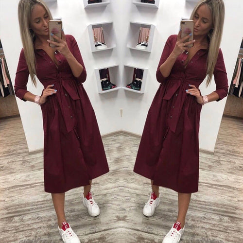 2019 Women Casual Sashes Button A-Line Dress Stand Collar Seven Sleeve Elegant Party Dresses Office Lady Women Knee Length Dress