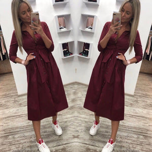 2019 Women Casual Sashes Button A-Line Dress Stand Collar Seven Sleeve Elegant Party Dresses Office Lady Women Knee Length Dress