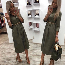 Load image into Gallery viewer, 2019 Women Casual Sashes Button A-Line Dress Stand Collar Seven Sleeve Elegant Party Dresses Office Lady Women Knee Length Dress