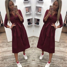 Load image into Gallery viewer, 2019 Women Casual Sashes Button A-Line Dress Stand Collar Seven Sleeve Elegant Party Dresses Office Lady Women Knee Length Dress