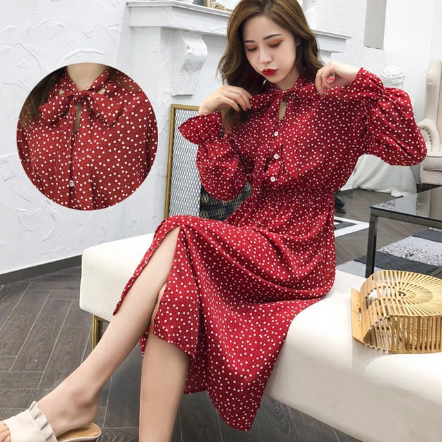 Women Print Chiffon Dress Casual Female Elastic Wasit Keen Length Dress Vintage Ruffles Long Sleeve Chic Button Ladies Dress