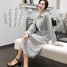 Load image into Gallery viewer, Women Print Chiffon Dress Casual Female Elastic Wasit Keen Length Dress Vintage Ruffles Long Sleeve Chic Button Ladies Dress