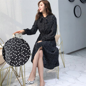 Women Print Chiffon Dress Casual Female Elastic Wasit Keen Length Dress Vintage Ruffles Long Sleeve Chic Button Ladies Dress